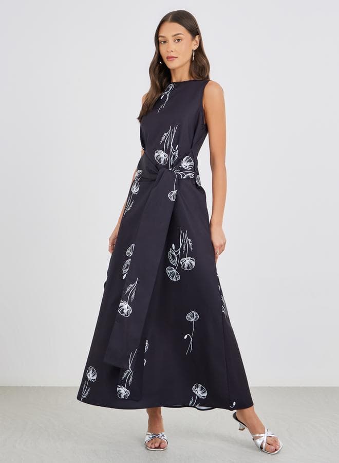 Black Floral Sleeveless A-Line Maxi Dress Wrap Style - Image 1