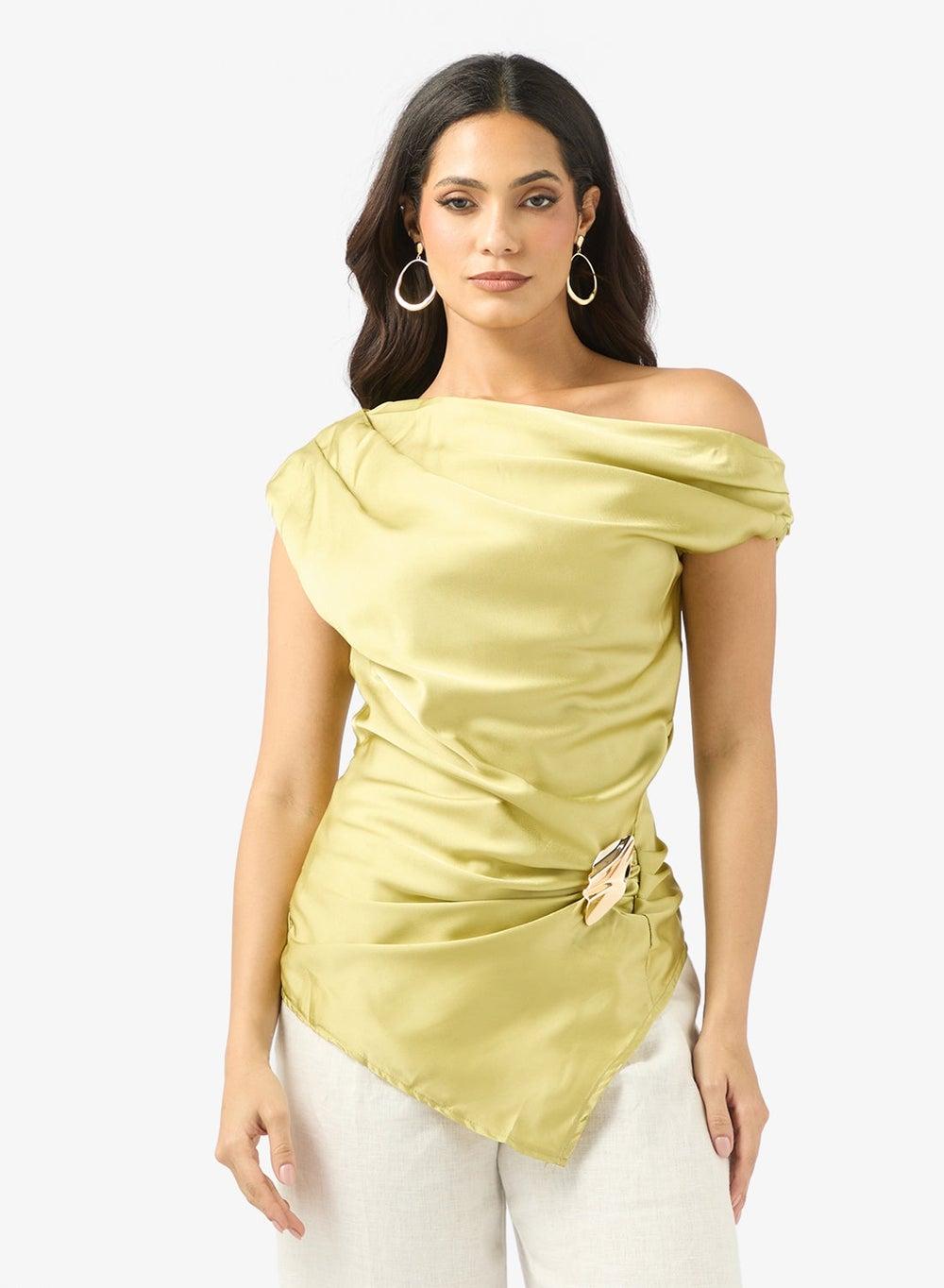 Clt256177 Asymmetric Off-Shoulder Draped Green Top - Image 1