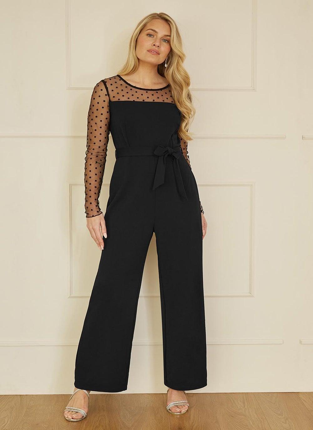 Black Spot Mesh Belted Stretch Jumpsuit - Image 1