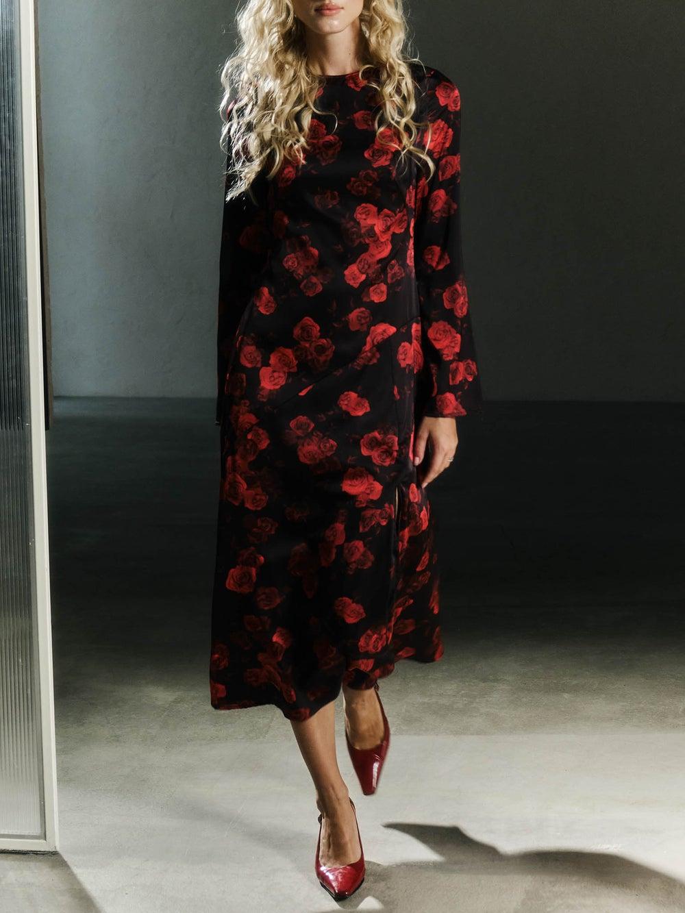 Red Floral Midi Dress with Flared Slit Skirt - Image 1