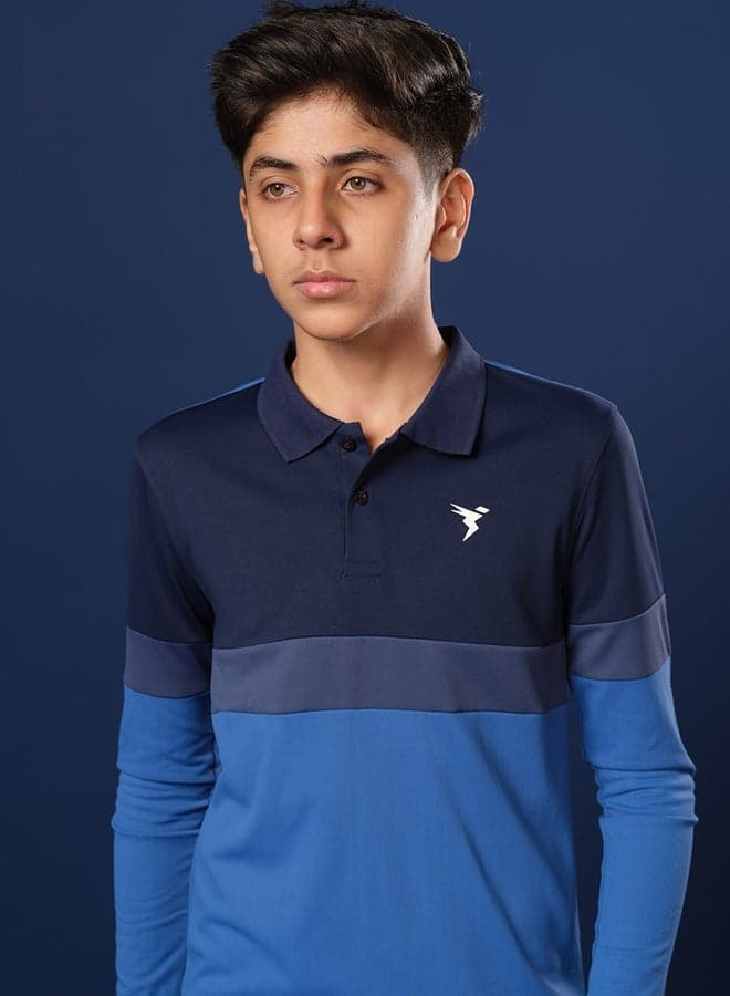 Blue Color Block Long Sleeve Polo T-Shirt - Image 1