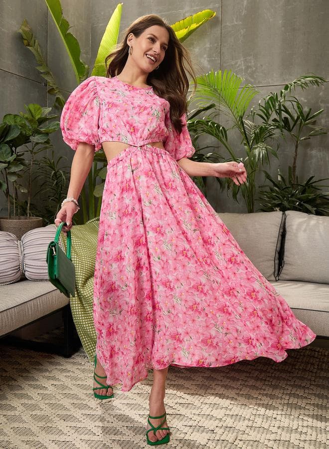 Sassafras Pink Floral Waist Cut-Out Maxi Dress - Image 1