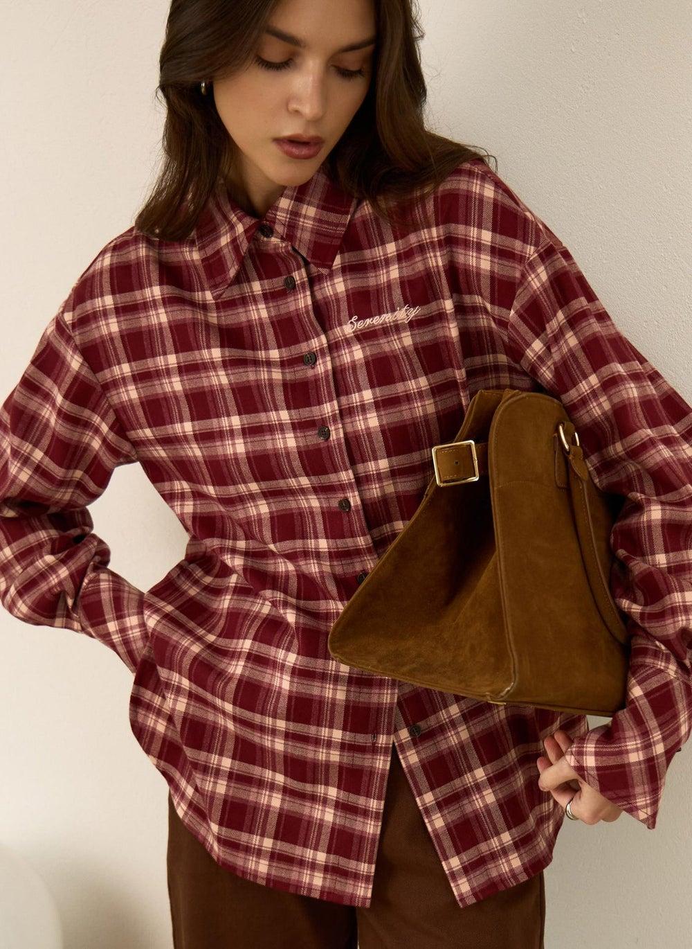 Maroon Checkered Embroidered Oversized Shirt - Image 1