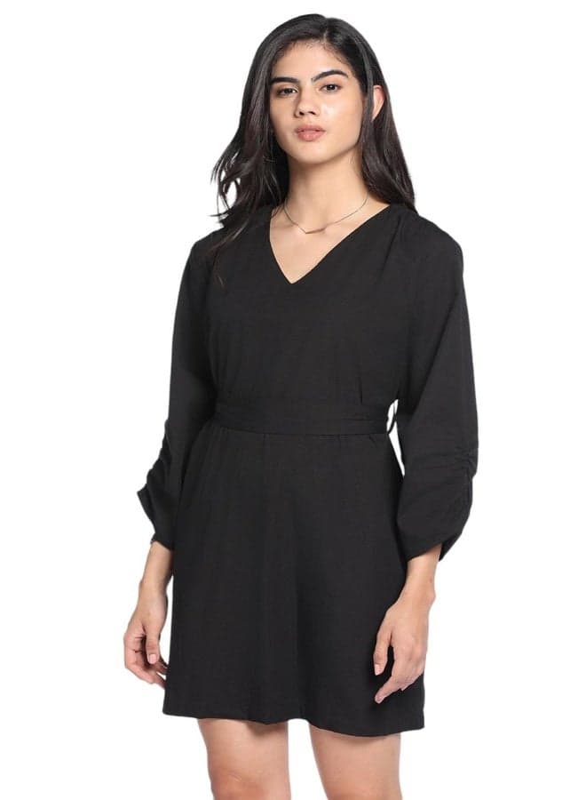 Black V-Neck Ruched Sleeve Mini Dress - Image 1