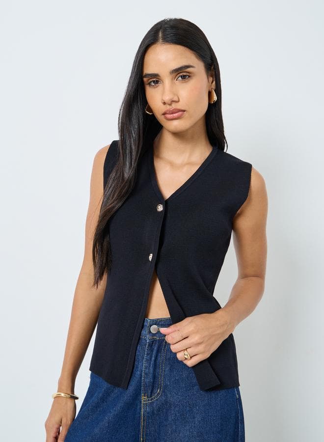Styli V-Neck Ribbed Sleeveless Waistcoat Top - Image 1
