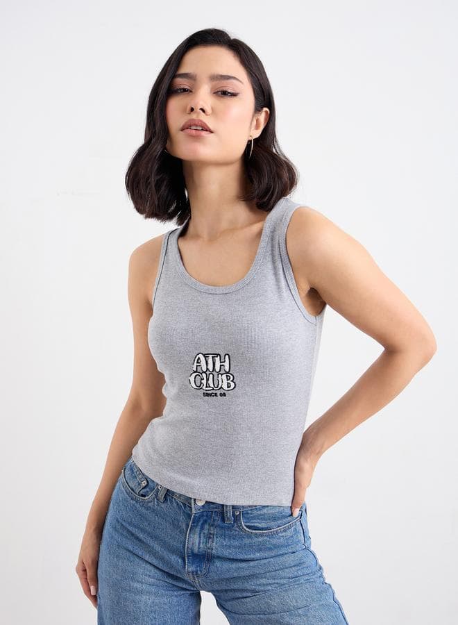 Grey Embroidered Slogan Ribbed Cotton Tank Top - Image 1