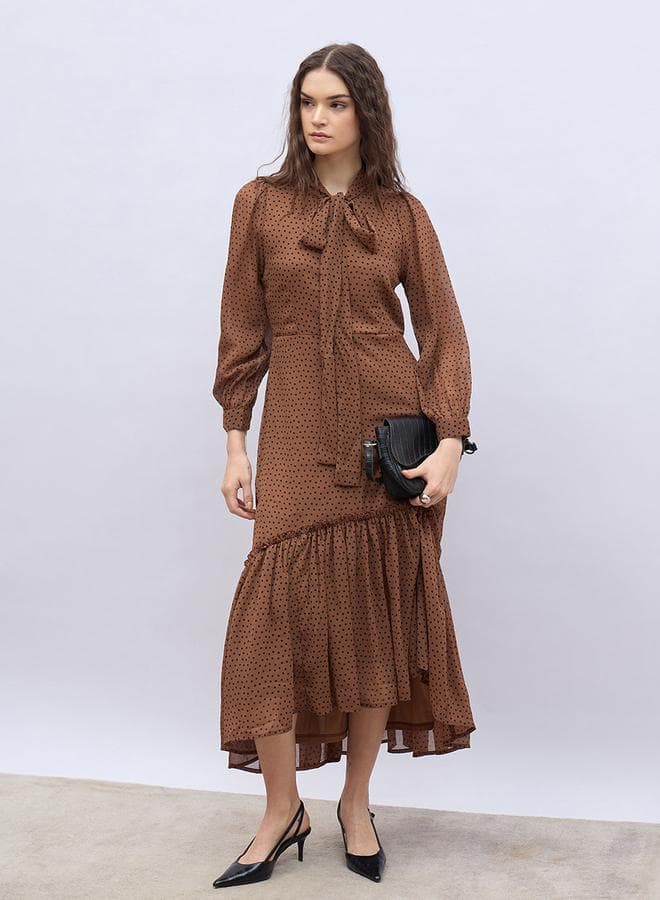 Brown Polka Dot Tiered Ruffle Hem Midi Dress - Image 1