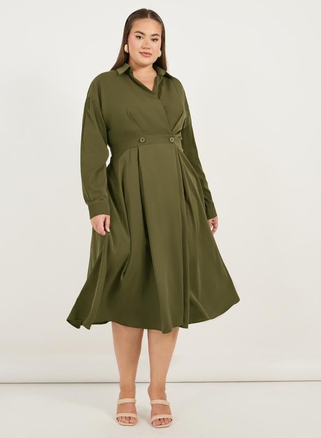 Olive Wrap Front A-Line Plus Size Midi Shirt Dress - Image 1