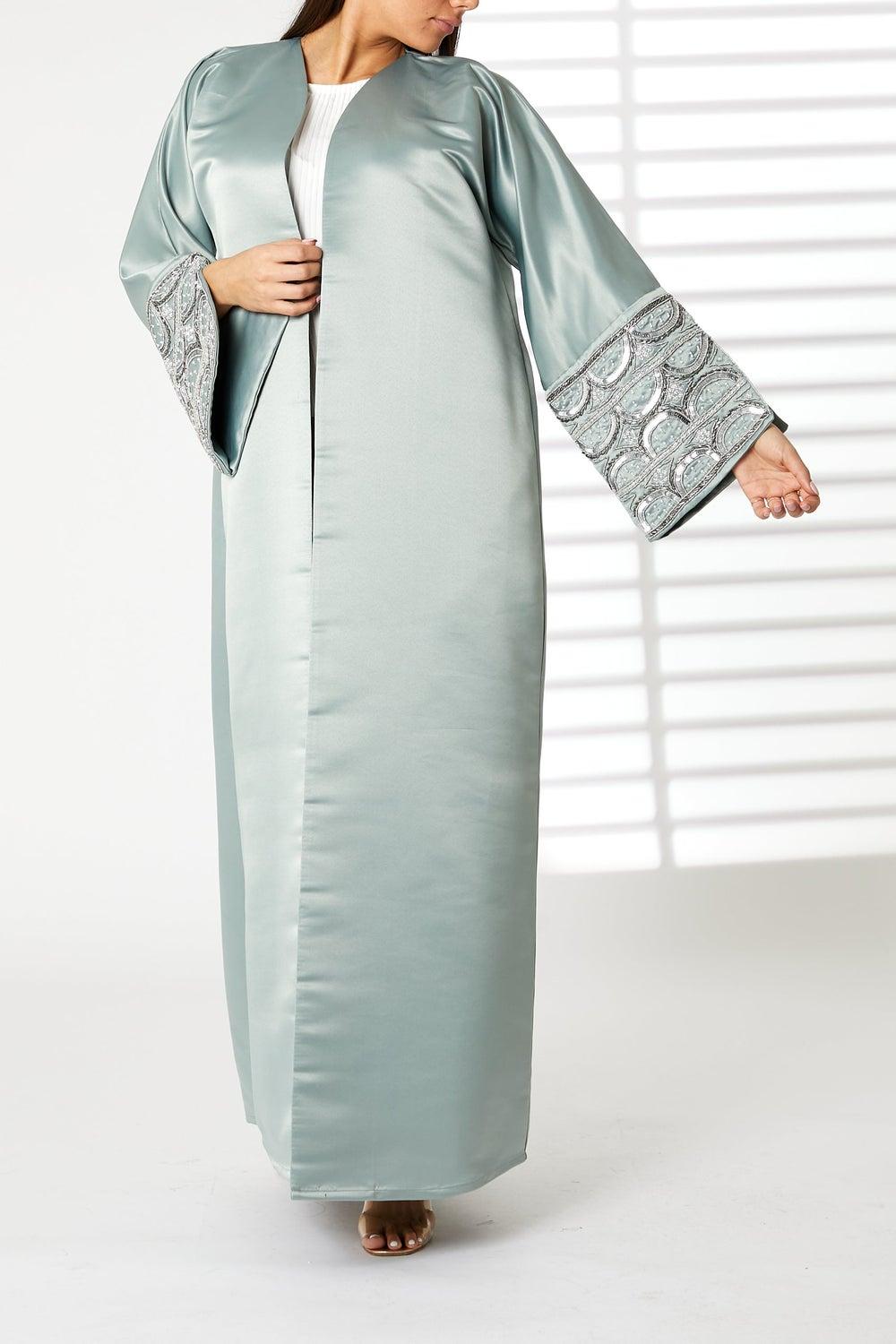 Emerald V-Neck Satin Bridal Abaya with Split Cuffs - Image 1