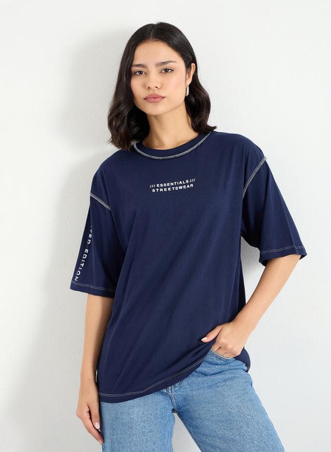 Oversized Overlock Seam Cotton T-Shirt Navy Blue - Image 1