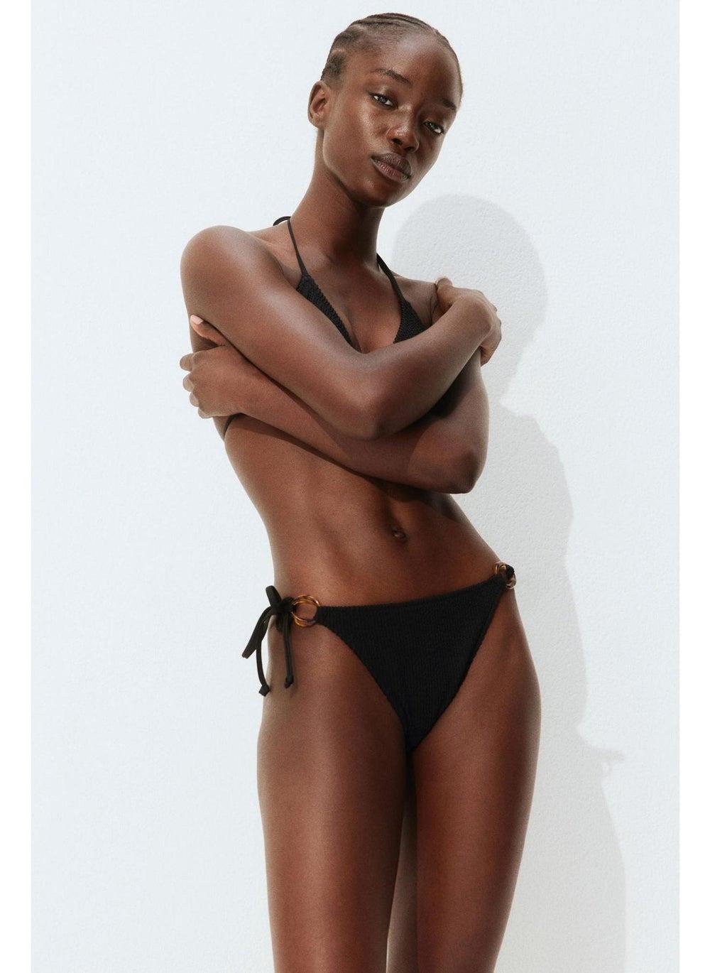 Black Tie Tanga Bikini Bottoms with Ring Detail - Image 1