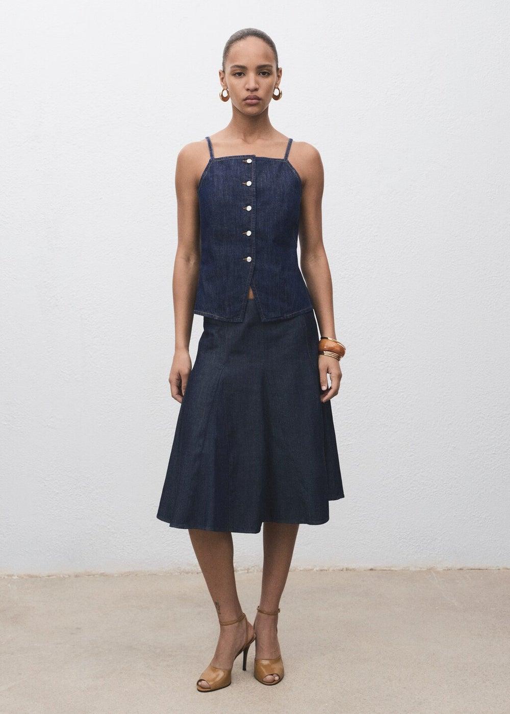 Pleated Midi Denim Skirt 17044099 - Image 1