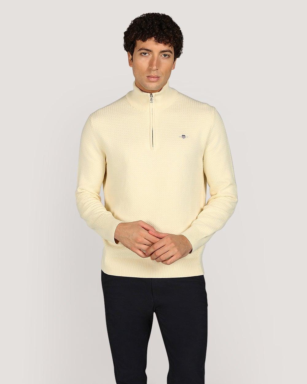 GANT Textured Cotton Half Zip Sweater Cream - Image 1