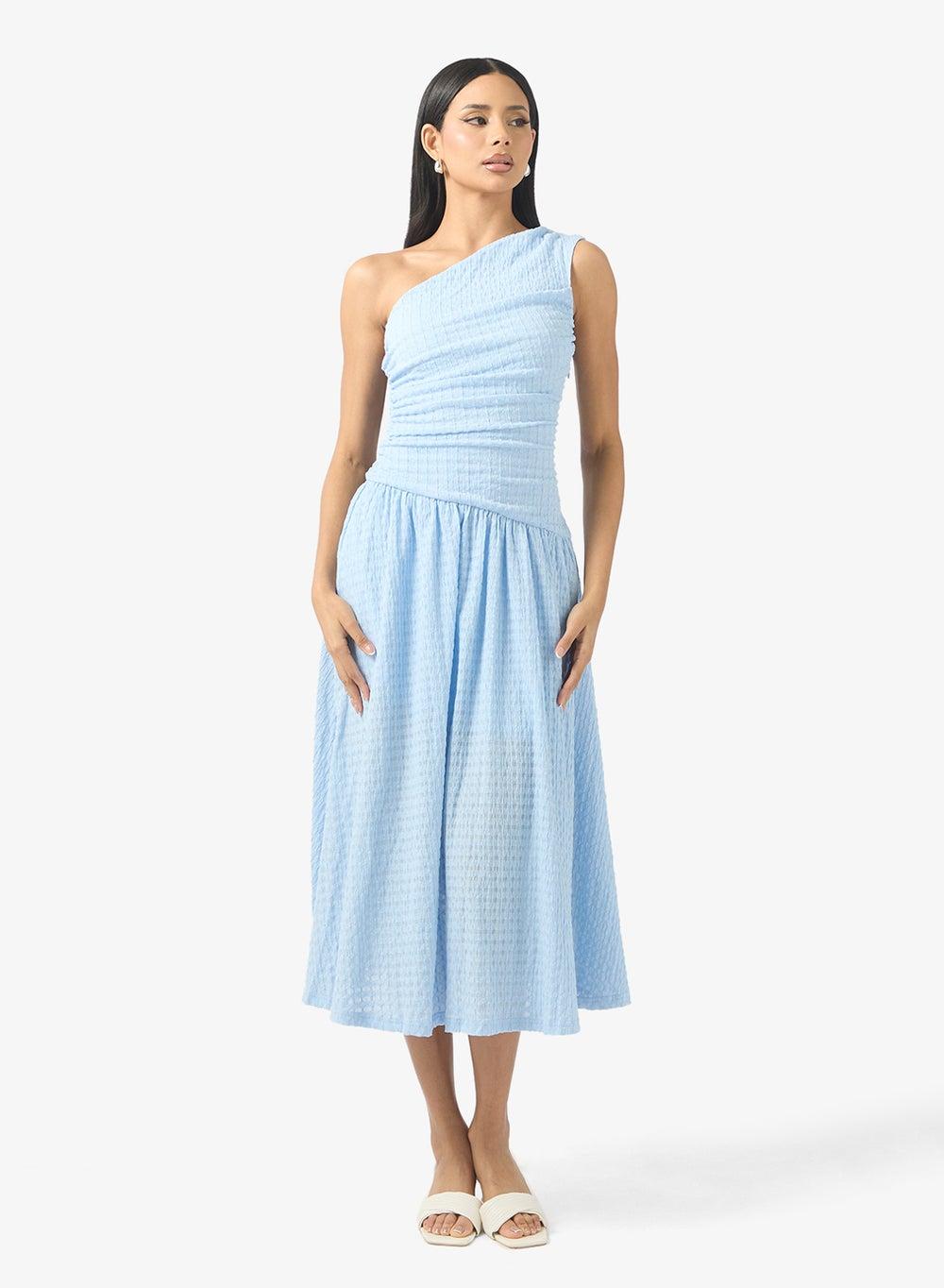 Sky Blue One-Shoulder Ruched Midi Dress Pr2505081 - Image 1