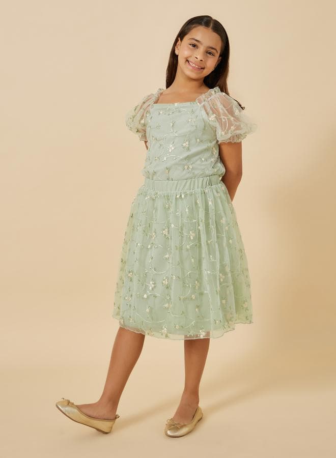 Girls Green Embroidered Puff Sleeve Skirt Set 2112223413 - Image 1