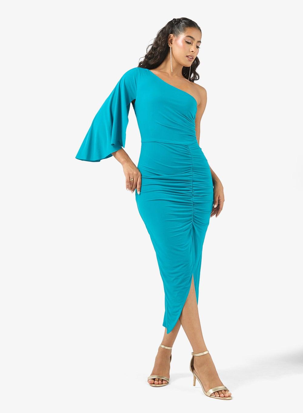Teal One-Shoulder Ruched Midi Dress Gz25 25 - Image 1