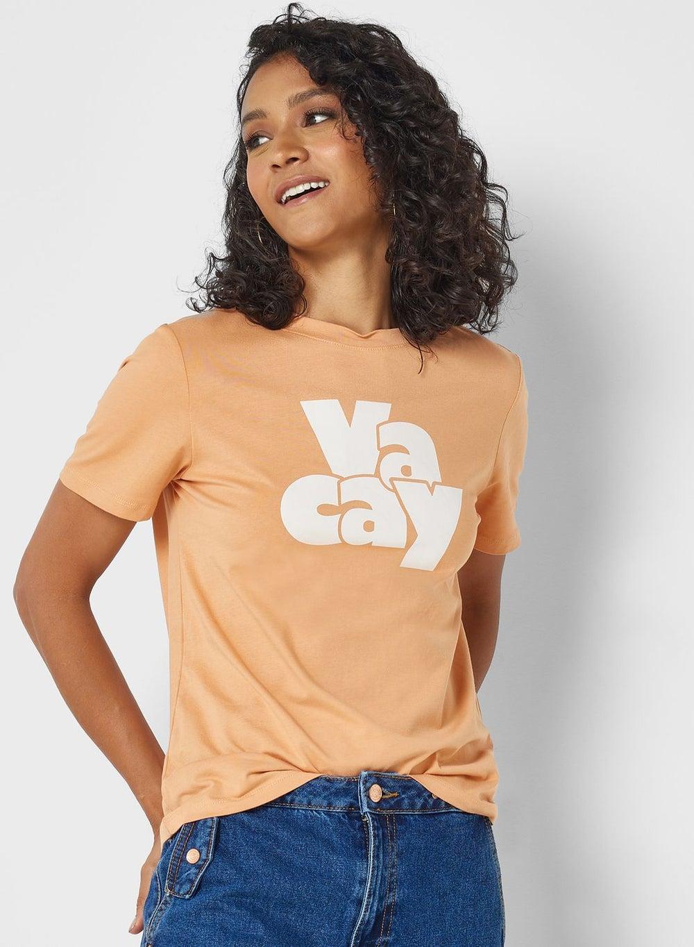 Orange Graphic Text Print Crew Neck T-Shirt 17114616 - Image 1