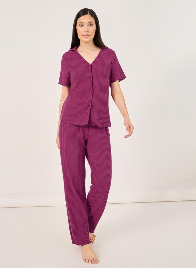 Styli Burgundy Ribbed Lettuce Edge Pyjama Set 7011629306 - Image 1