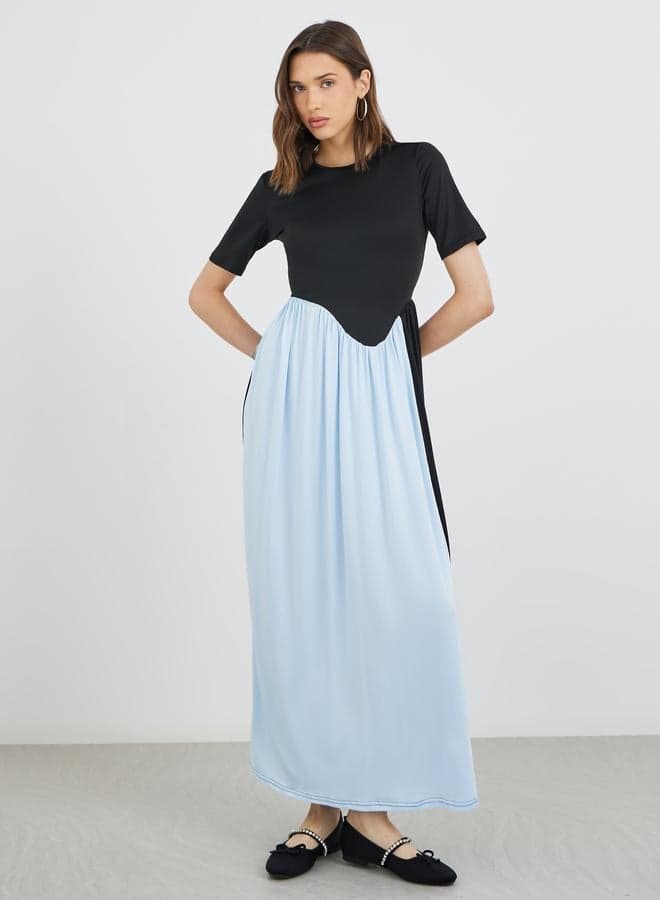 Color Block Round Neck Maxi T-Shirt Dress - Image 1