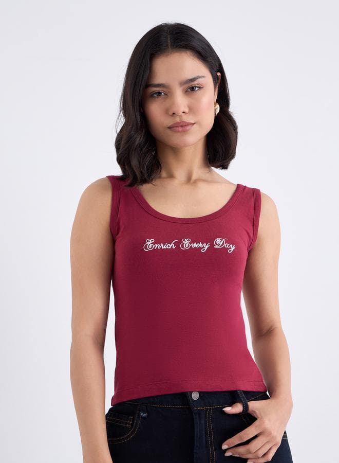 Styli Maroon Embroidered Skinny Fit Tank Top - Image 1