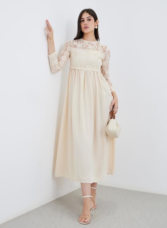 Cream Lace Insert A-Line Maxi Dress - Image 1