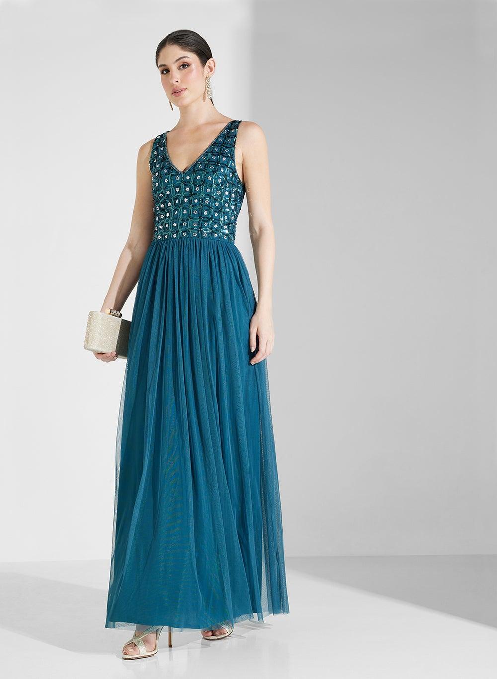 Green Embellished V-Neck Maxi Fit & Flare Dress - Image 1