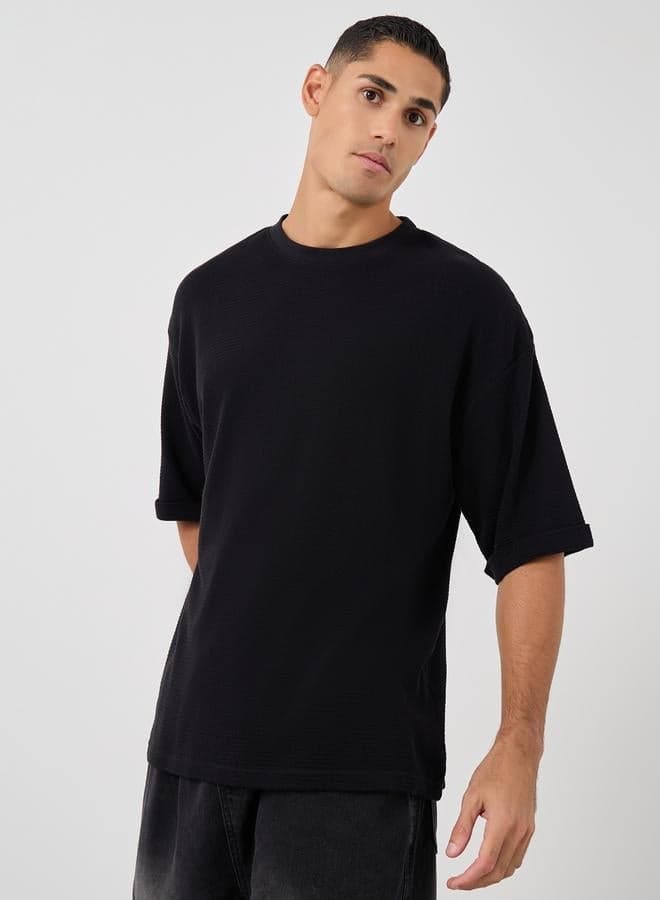 Styli Waffle Knit Oversized Black Crew T-Shirt - Image 1