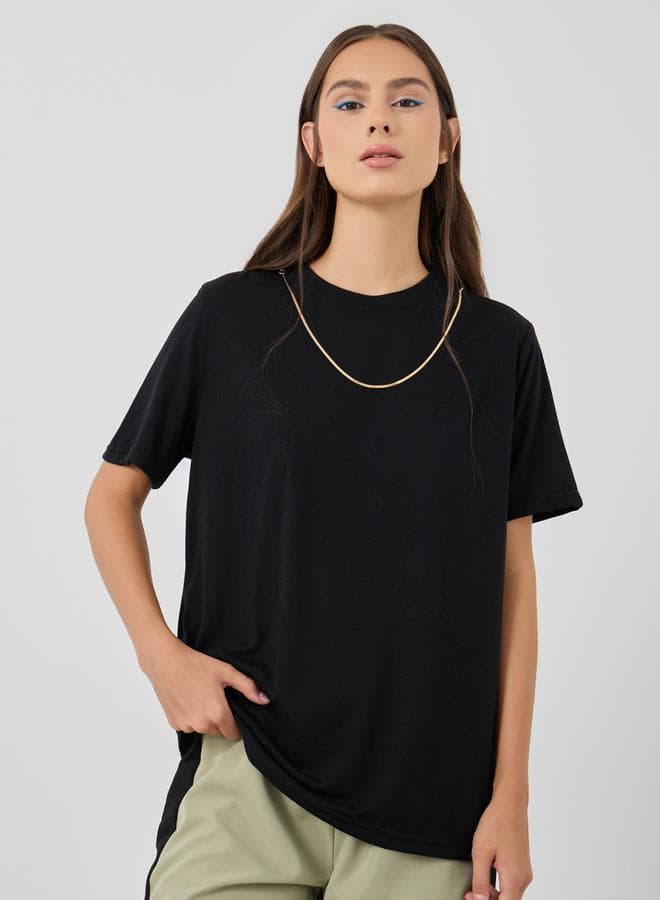 Black Oversized Round Neck T-Shirt with Chain Detail - Image 1