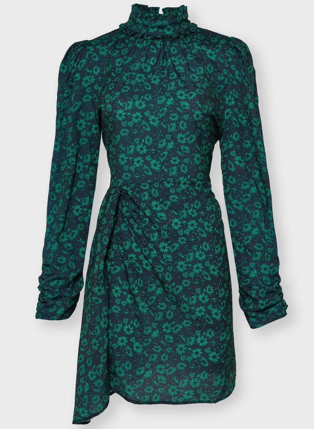 Floral Ruched Mini Dress High Neck Long Sleeve - Image 1