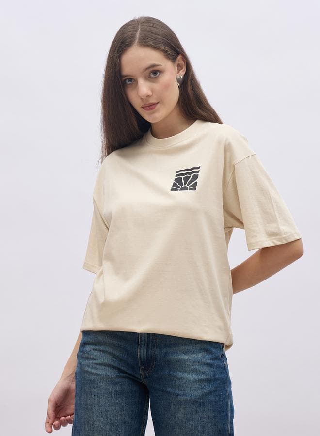 Beige Graphic Slogan Oversized Cotton T-Shirt - Image 1