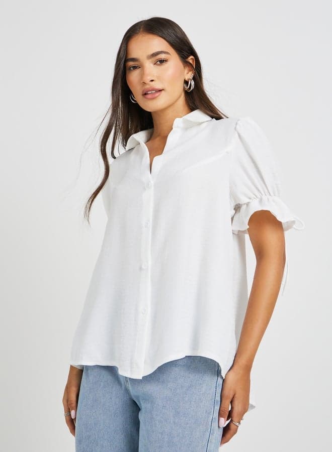 Styli Puff Sleeve Linen Curved Hem Shirt White - Image 1
