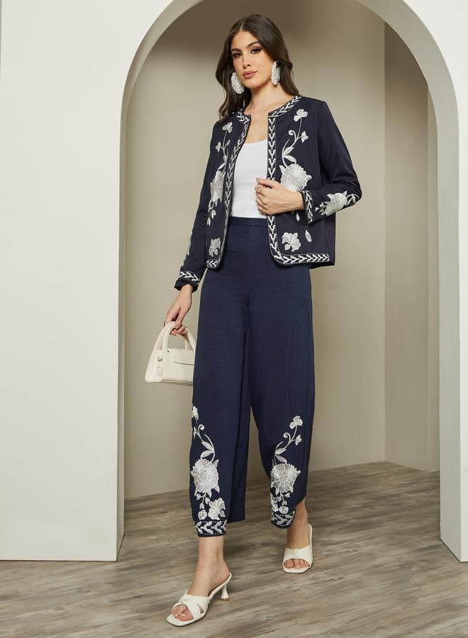 Styli Floral Embroidered Wide Leg Ankle Pants Navy - Image 1