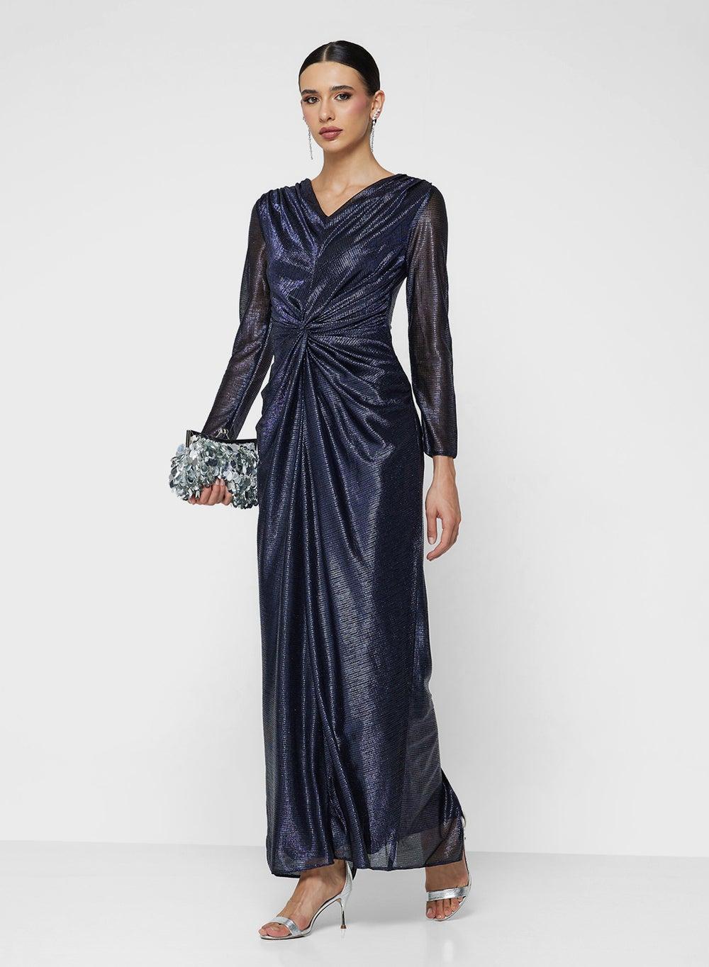 Kh841 Midnight Blue Ruched Wrap Maxi Dress - Image 1