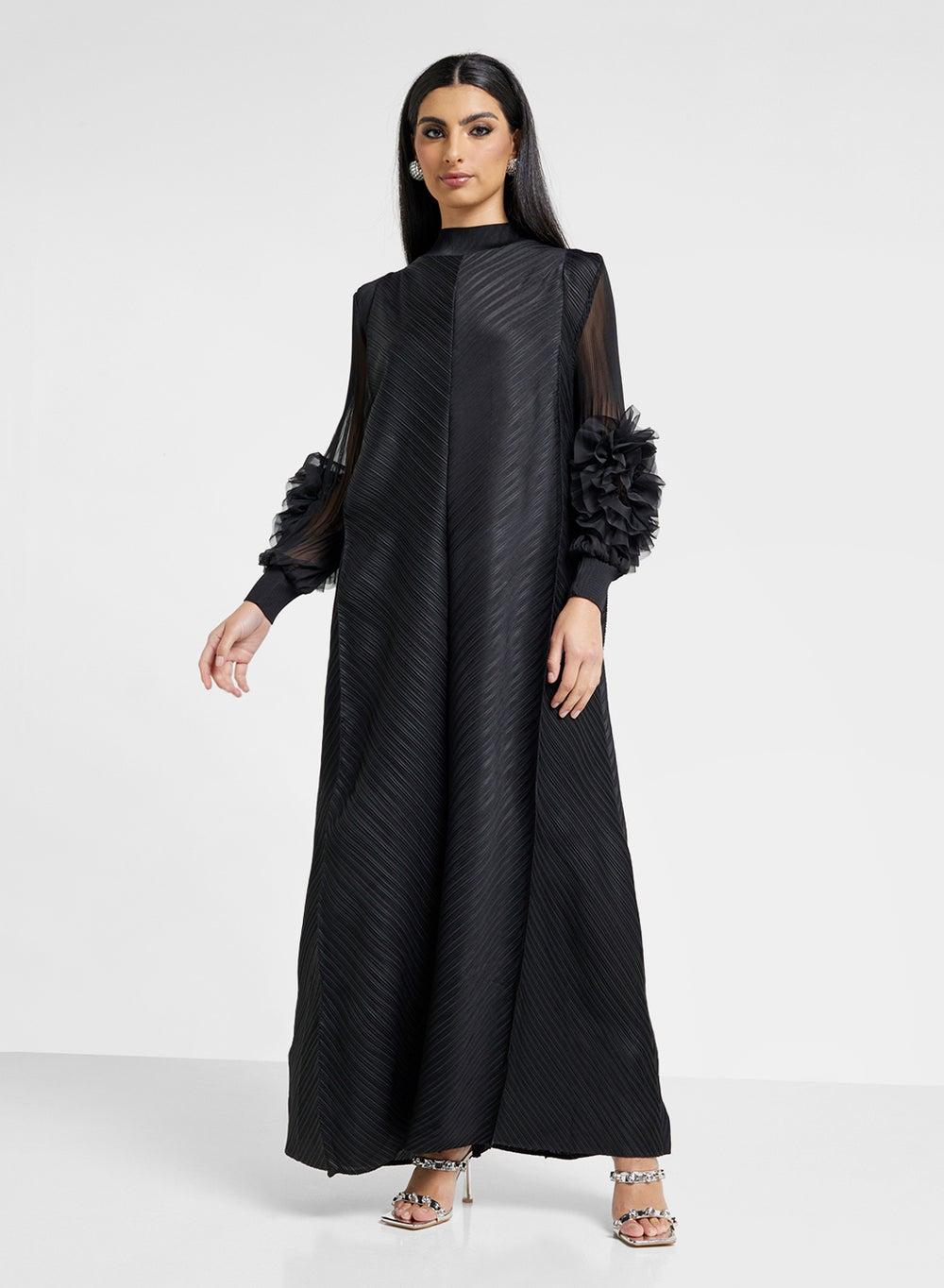 Black Maxi Wrap Dress with 3D Floral Sleeves Clt2412055 - Image 1