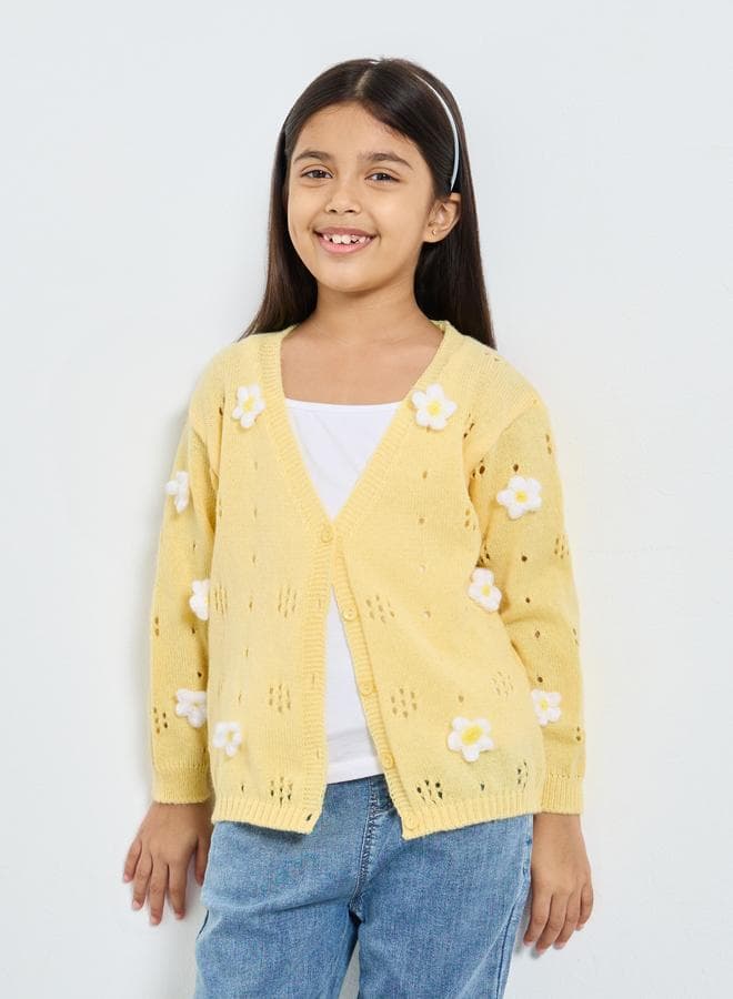 Styli Girls Yellow Floral Knit Cardigan - Image 1