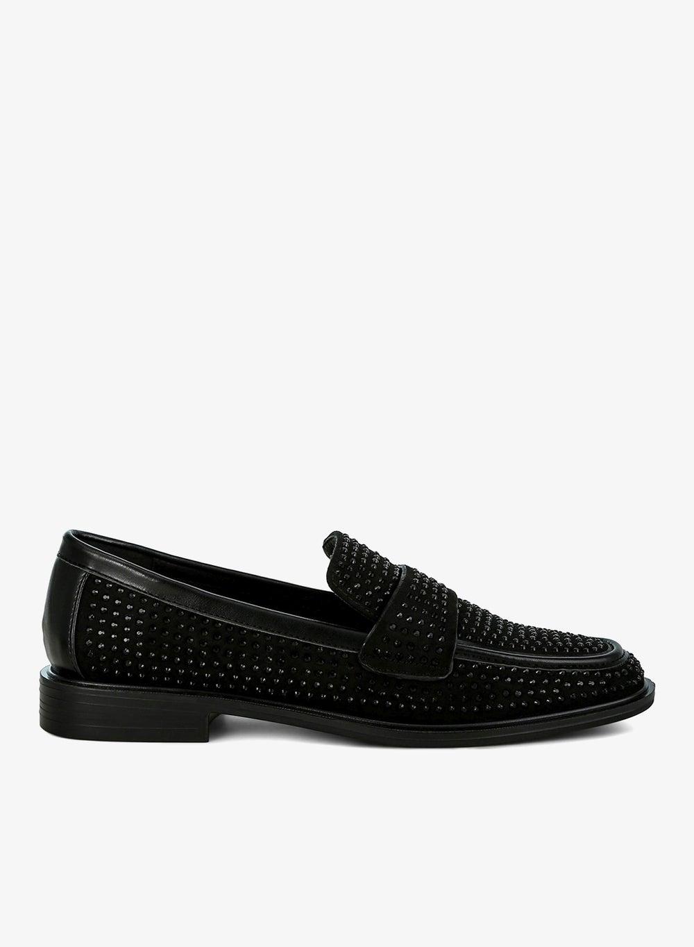 Sh4853 Black Rhinestone Micro Suede Loafers - Image 1