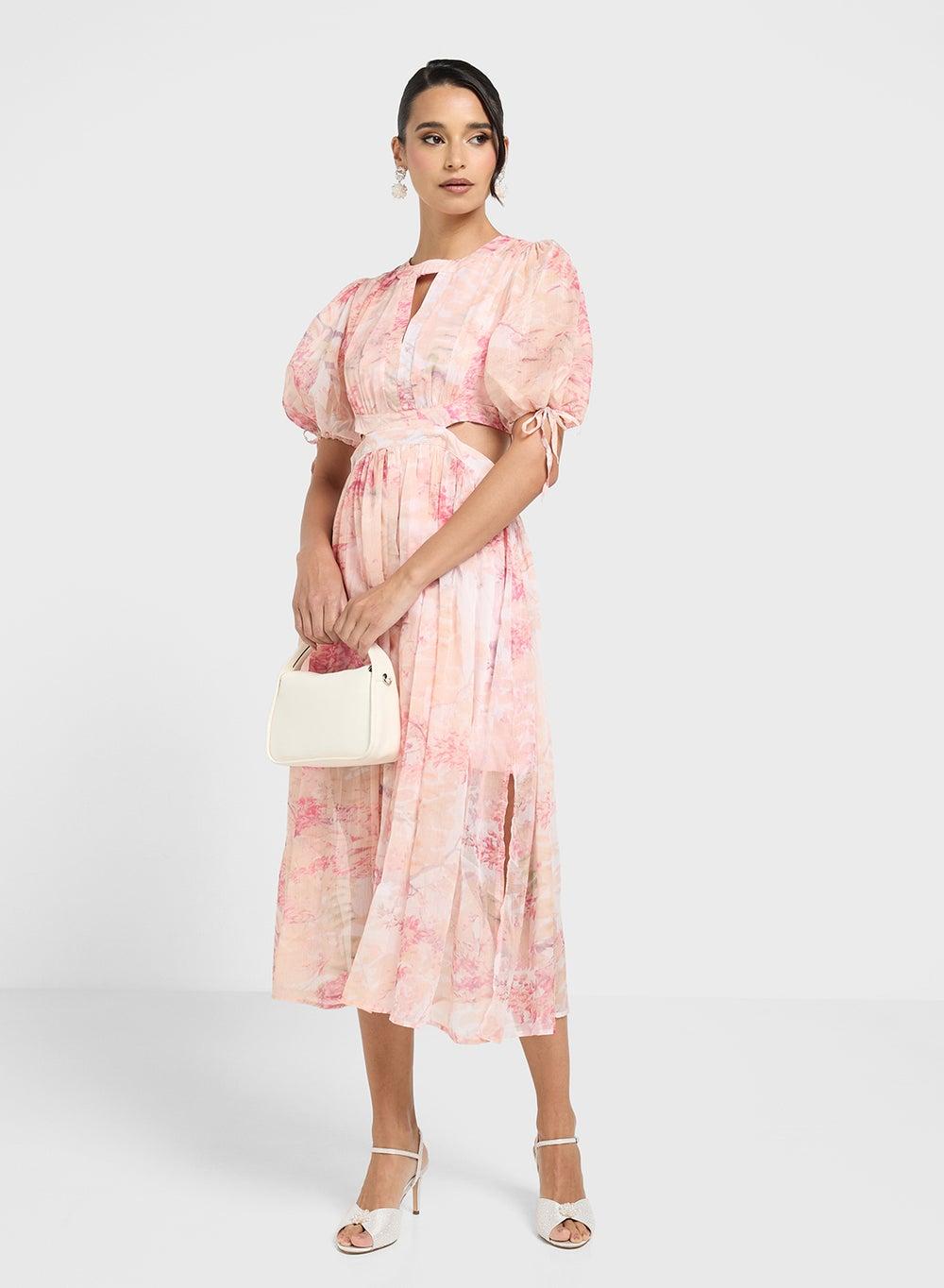 Light Pink Floral Midi Dress Drs24938 - Image 1