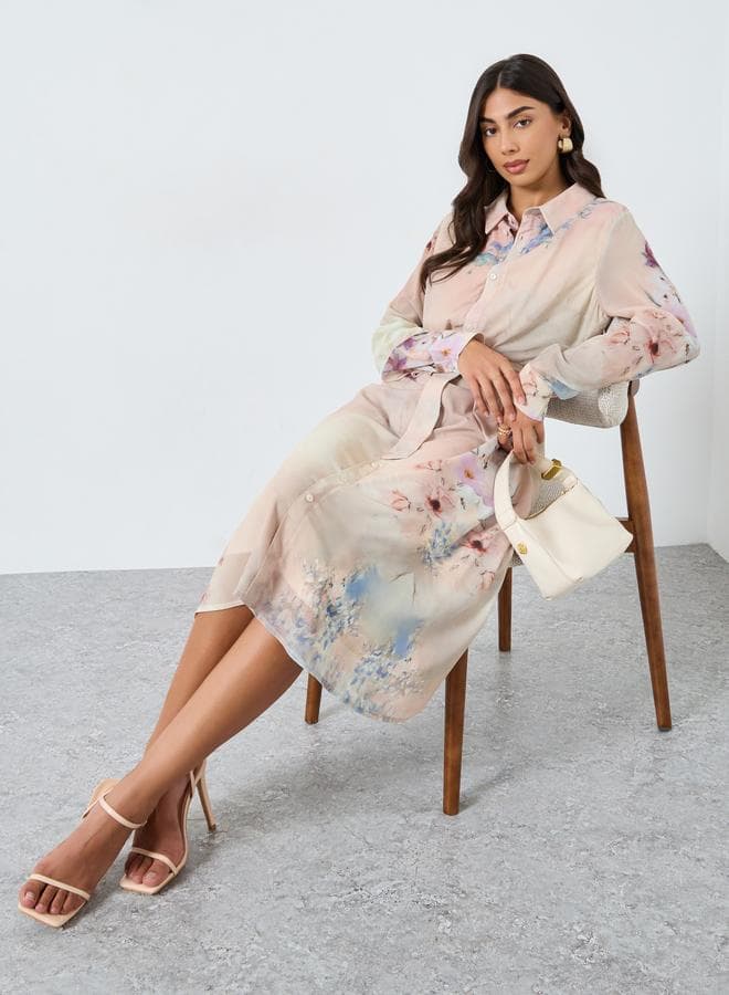 Styli Beige Floral A-Line Midi Shirt Dress - Image 1