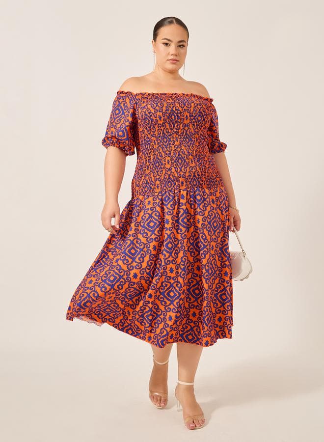 Orange Blue Print Off-Shoulder Midi Dress 7012583926 - Image 1