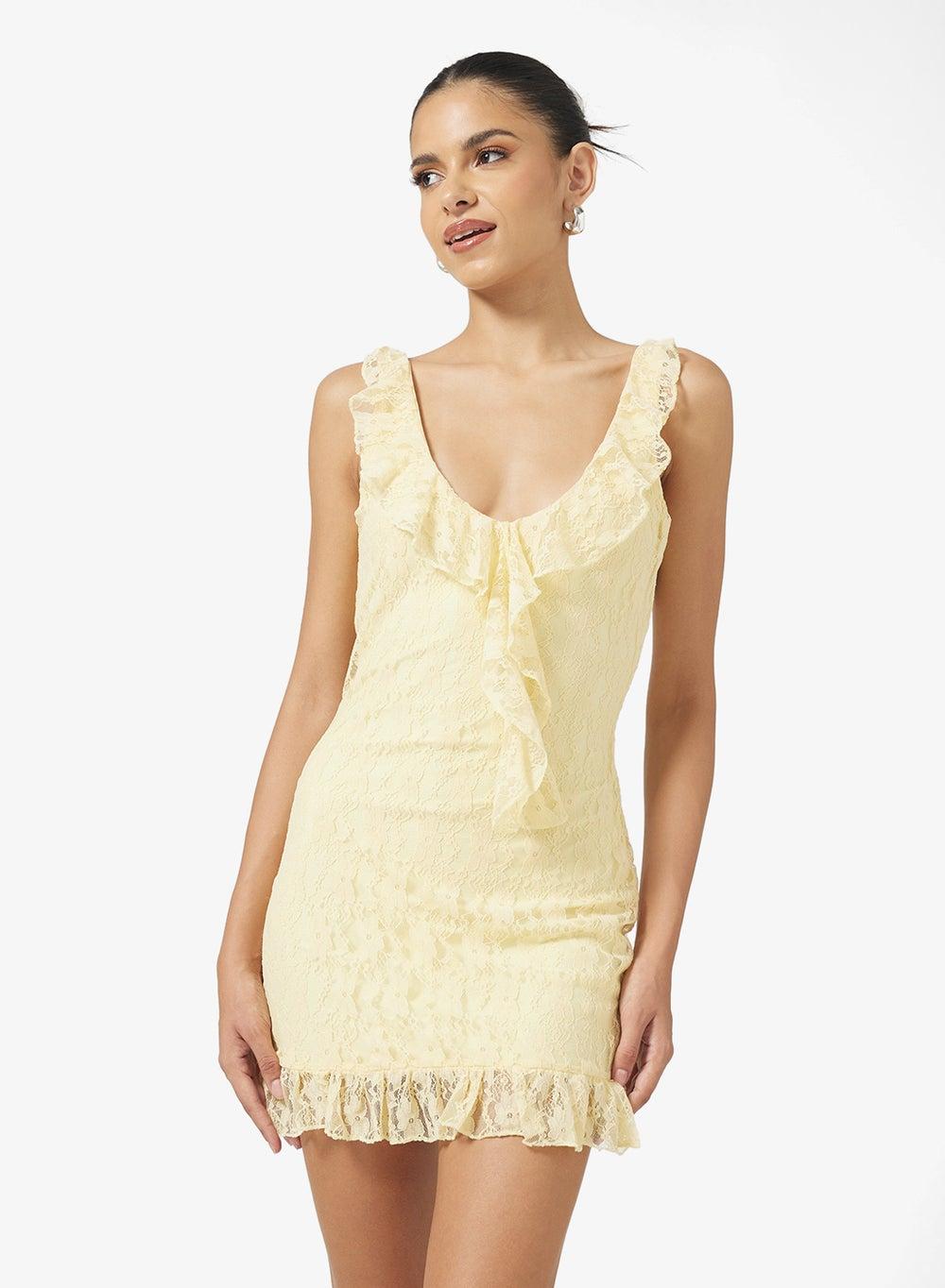Pale Yellow Lace Bodycon Mini Dress Y250608014 - Image 1
