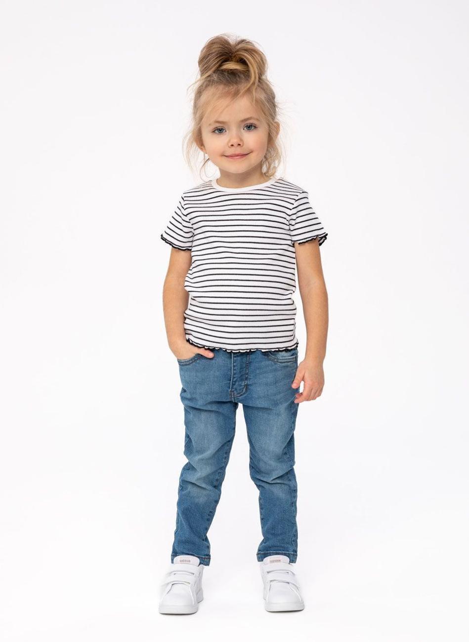 Girls Ribbed Stripe T-Shirt Black Cotton Classic - Image 1