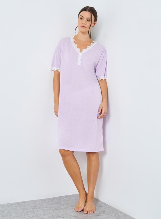 Styli Lilac Lace Trim V-Neck Sleep T-Shirt Dress - Image 1