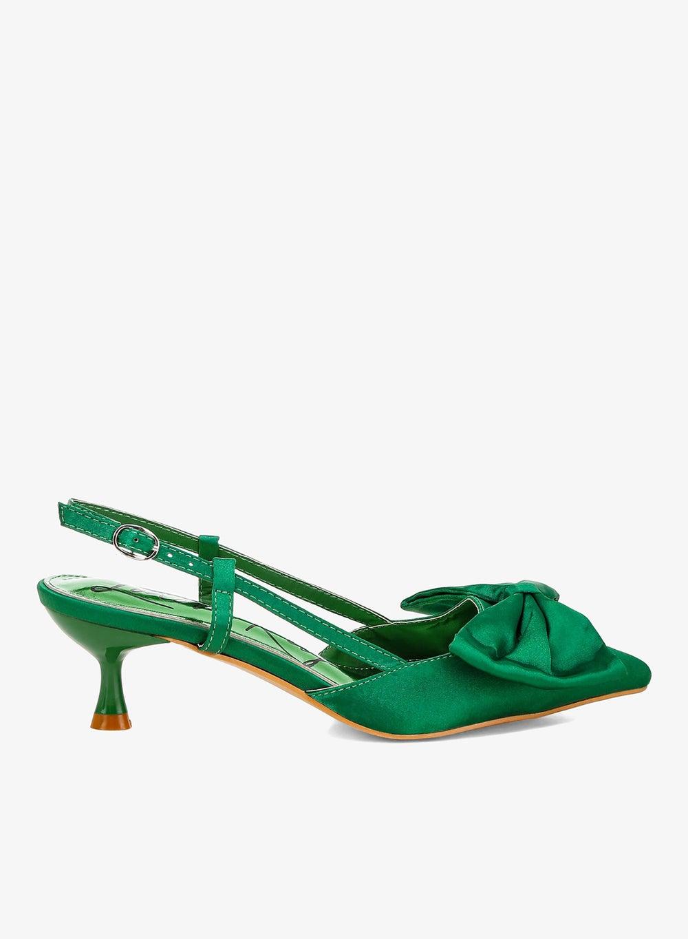 Sh4861 Green Satin Bow Slingback Kitten Heels - Image 1