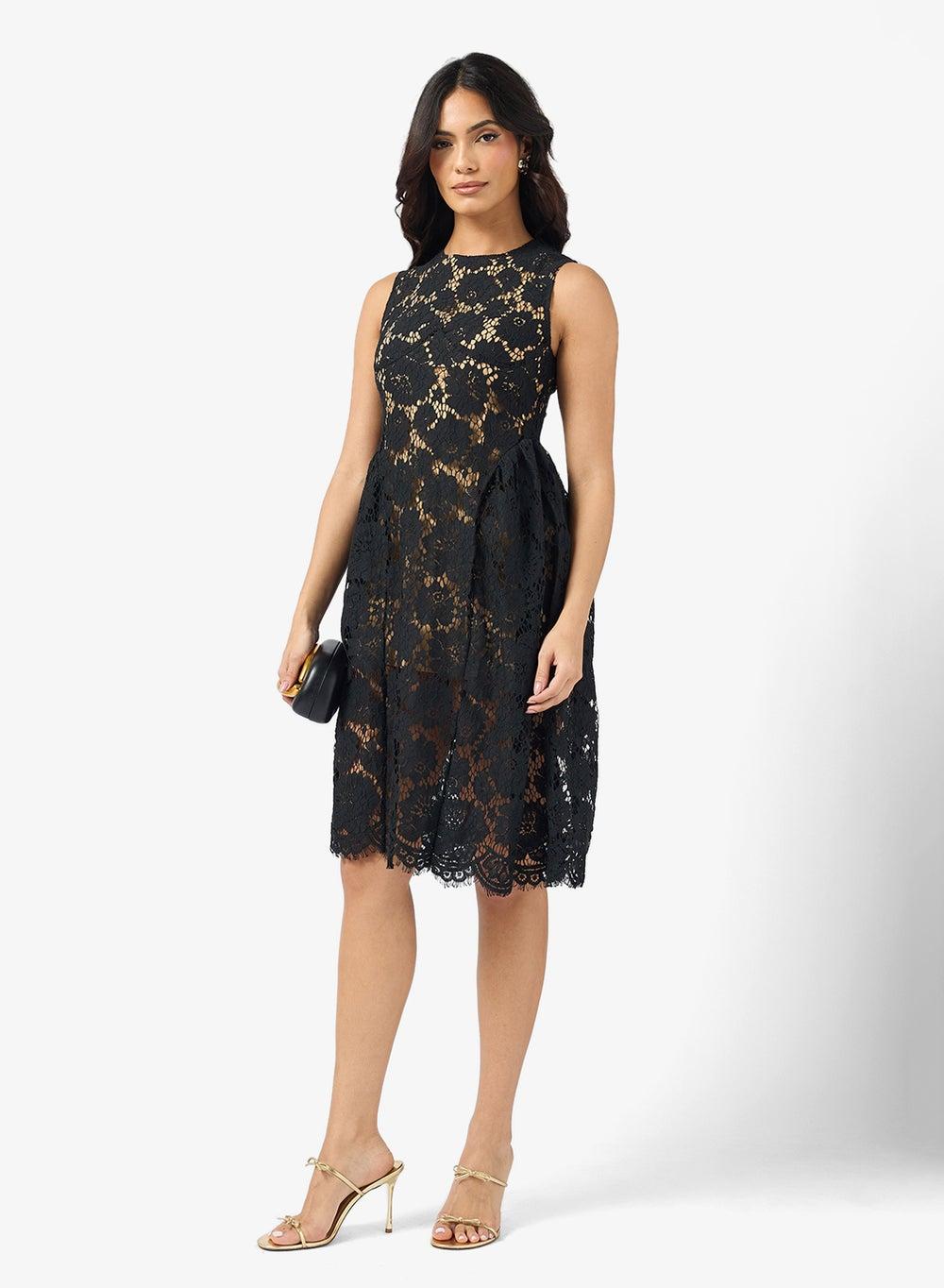 Vt797 Black Floral Lace Midi A-Line Dress - Image 1