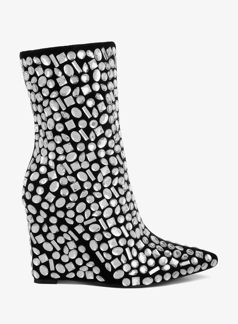 Sh5107 Black Diamante Slim Wedge Heel Boots - Image 1