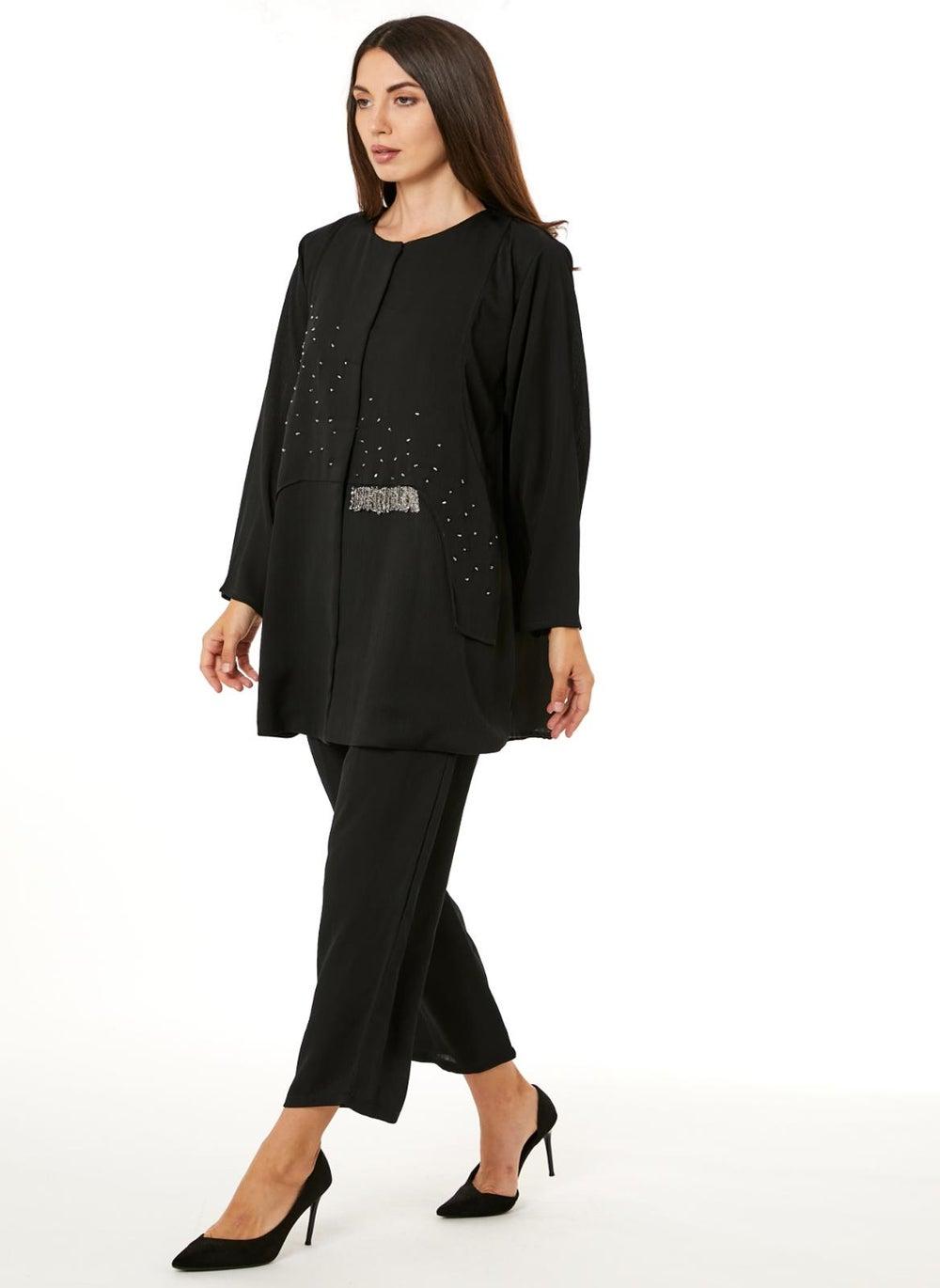 Black Zoom Embellished Top and Pants Set - Image 1