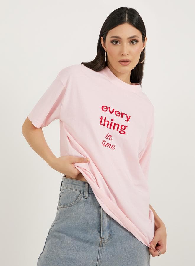 Styli Pink Embroidered Slogan Jersey T-Shirt 7010421528 - Image 1