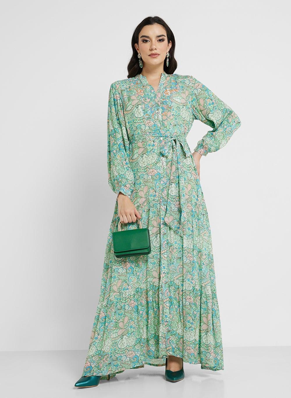 Pistachio Floral Maxi Shirt Dress V-Neck - Image 1