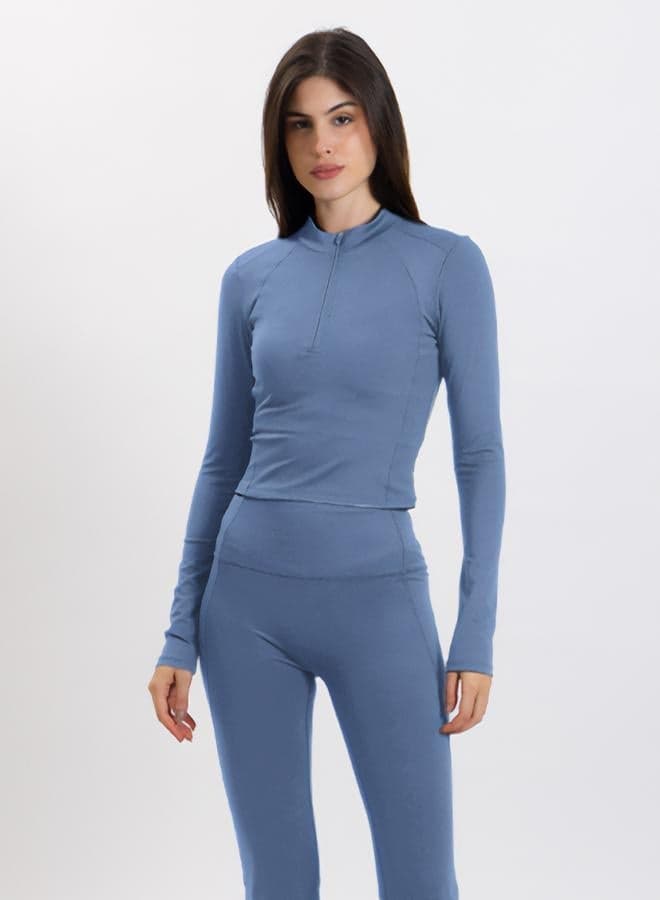 Sculpt Crop Zip-Up Top in Blue Performance Fit - Image 1