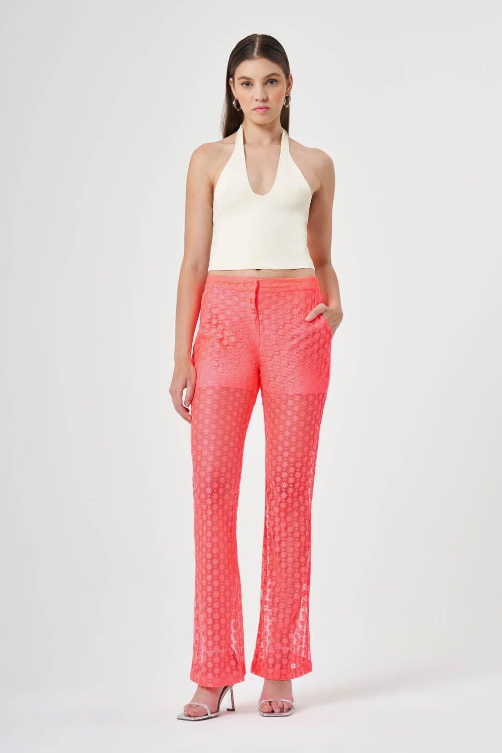 Coral Floral Mesh Trousers High-Rise Straight Fit - Image 1
